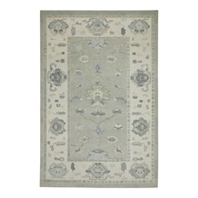 Early 21st Century Green Floral Design Handwoven Wool Turkish Oushak Rug 5'11" X 8'8"