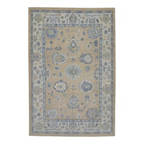 Early 21st Century Yellow & Blue Floral Design Handwoven Wool Turkish Oushak Rug 8'6" X 12'5"