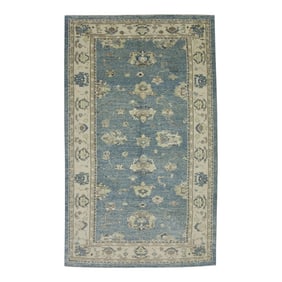 Early 21st Century Blue Floral Design Handwoven Wool Turkish Oushak Rug 5'2" X 8'3"