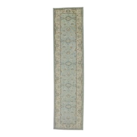 Early 21st Century Blue Floral Design Handwoven Wool Turkish Oushak Runner 3'3" X 13'11"