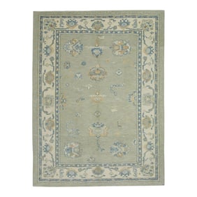 Early 21st Century Green & Blue Floral Design Handwoven Wool Turkish Oushak Rug 5'1" X 6'10"