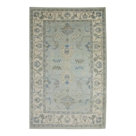Early 21st Century Blue Floral Design Handwoven Wool Turkish Oushak Rug 6' X 9'5"
