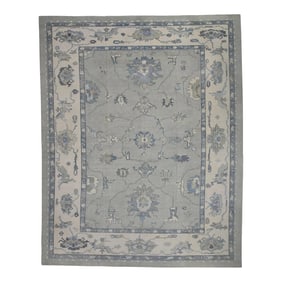 Early 21st Century Green Floral Design Handwoven Wool Turkish Oushak Rug 12'3" X 15'7"