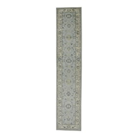 Early 21st Century Blue & Green Floral Design Handwoven Wool Turkish Oushak Runner 3' X 14'6"
