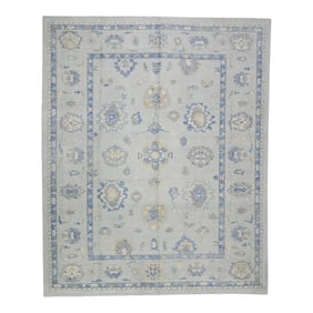 Early 21st Century Blue Floral Design Handwoven Wool Turkish Oushak Rug 9'4" X 11'5"