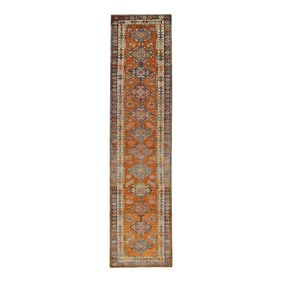 1960s Orange & Purple Geometric Design Handwoven Wool Vintage Turkish Runner 3' X 12'6"