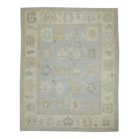 Early 21st Century Blue Floral Design Handwoven Wool Turkish Oushak Rug 8' X 10'3"