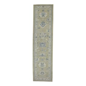 Early 21st Century Green & Blue Floral Design Handwoven Wool Turkish Oushak Rug 3'2" X 12'