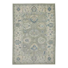 Early 21st Century Green & Blue Floral Design Handwoven Wool Turkish Oushak Rug 6'3" X 8'10"