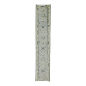 Early 21st Century Blue & Green Floral Design Handwoven Wool Turkish Oushak Runner 2'11" X 14'11"