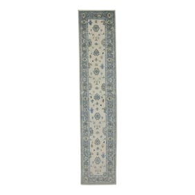 Early 21st Century Cream & Blue Floral Design Handwoven Wool Turkish Oushak Runner 2'11" X 13'11"
