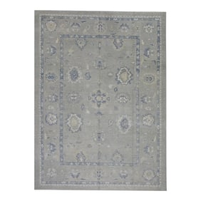 Early 21st Century Green & Blue Floral Design Handwoven Wool Turkish Oushak Rug 8'10" X 12'