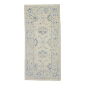 Early 21st Century Cream & Blue Floral Design Handwoven Wool Turkish Oushak Runner 4'10" X 9'8"