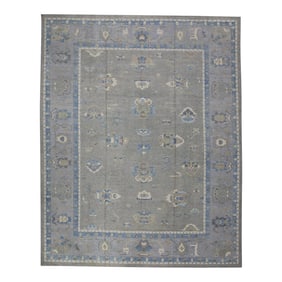 Early 21st Century Gray & Blue Floral Design Handwoven Wool Turkish Oushak Rug 11'6" X 15'