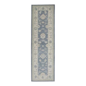 Early 21st Century Blue & Pink Floral Design Handwoven Wool Turkish Oushak Rug 3' X 9'9"
