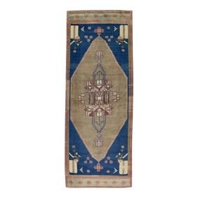 1960s Taupe & Blue Geometric Design Handwoven Wool Vintage Turkish Runner 3'7" X 9'3"
