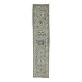 Early 21st Century Green Floral Design Handwoven Wool Turkish Oushak Runner 2'9" X 12'2"