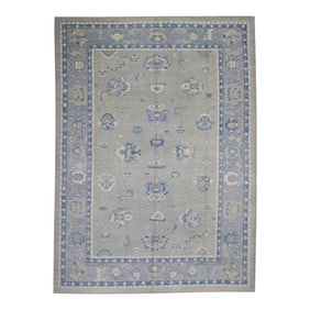 Early 21st Century Blue & Green Floral Design Handwoven Wool Modern Turkish Oushak Rug 10'1" X 13'10