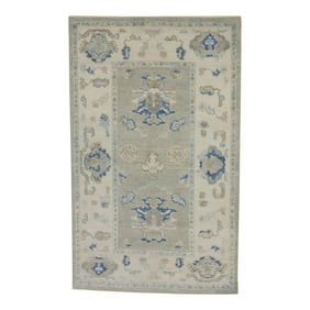 Early 21st Century Green & Blue Floral Design Handwoven Wool Turkish Oushak Rug 3'8" X 5'10"