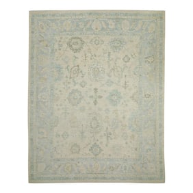 Early 21st Century Cream & Blue Floral Design Handwoven Wool Turkish Oushak Rug 8'2" X 10'3"