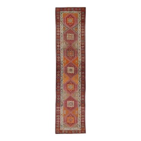1960s Red Geometric Design Handwoven Wool Vintage Turkish Oushak Runner 3' X 13'2"