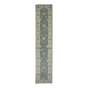 Early 21st Century Blue & Green Floral Design Handwoven Wool Turkish Oushak Rug 2'10" X 14'1"