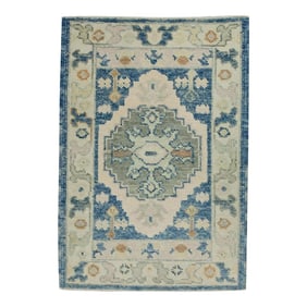 Early 21st Century Blue & Pink Geometric Design Handwoven Wool Turkish Oushak Rug 2'3" X 3'2"