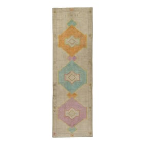 1960s Colorful Geometric Design Handwoven Wool Vintage Turkish Runner 3'4" X 10'8"