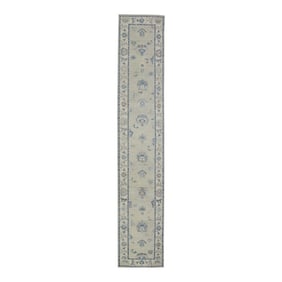 Early 21st Century Green & Blue Floral Design Handwoven Wool Turkish Oushak Runner 2'11" X 15'9"