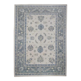Early 21st Century Blue & Green Floral Design Handwoven Wool Turkish Oushak Rug 9'6" X 13'10"