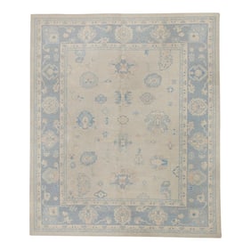 Early 21st Century Handwoven Wool Turkish Oushak Rug in Blue Floral Design 8'2" X 9'8"