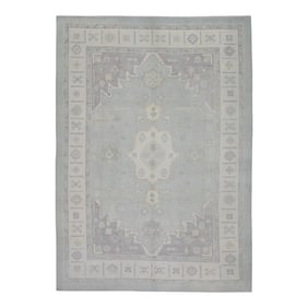 Early 21st Century Blue Geometric Design Handwoven Wool Turkish Oushak Rug 8'11" X 12'2"