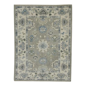 Early 21st Century Gray & Blue Floral Design Handwoven Wool Turkish Oushak Rug 4' X 5'8"