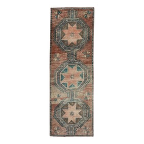 1960s Red & Blue Geometric Design Handwoven Wool Vintage Turkish Runner 3'3" X 9'9"