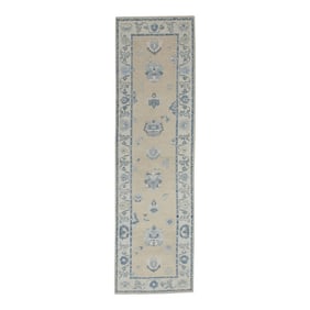 Early 21st Century Cream & Blue Floral Design Handwoven Wool Turkish Oushak Rug 2'9" X 9'6"