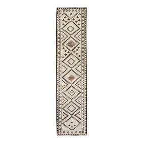 1960s Brown & White Geometric Design Handwoven Wool Vintage Turkish Oushak Runner 3'1" X 12'10"