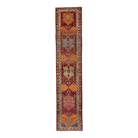 1960s Red & Orange Geometric Design Handwoven Wool Vintage Turkish Oushak Runner 2'11" X 13'7"