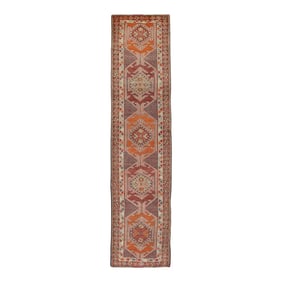 1960s Red & Orange Geometric Design Handwoven Wool Vintage Turkish Oushak Runner 2'11" X 12'7"