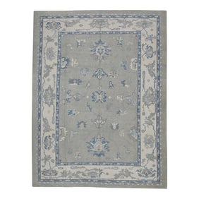 Early 21st Century Gray & Blue Floral Design Handwoven Wool Turkish Oushak Rug 9'1" X 12'