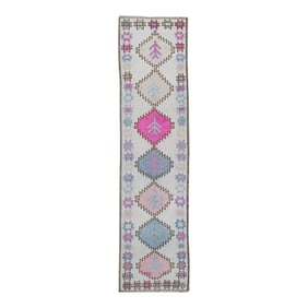 1960s Blue & Pink Geometric Design Handwoven Wool Vintage Turkish Runner 3'1" X 11'8"