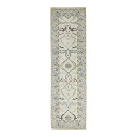 Floral Handwoven Wool Turkish Oushak Rug in Blue, Green, & Pink 2'7" X 8'9"