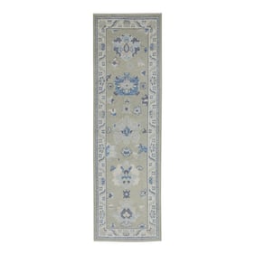 Early 21st Century Green & Blue Floral Design Handwoven Wool Turkish Oushak Rug 2'7" X 8'6"
