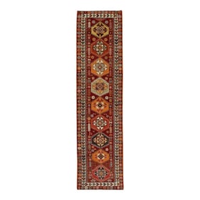 1960s Red Geometric Design Handwoven Wool Vintage Turkish Runner 3'2" X 12'3"