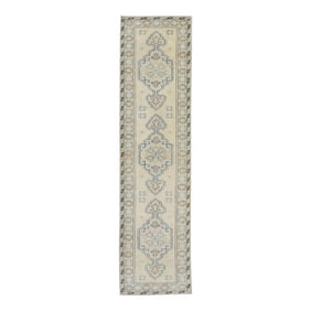 1960s Cream & Blue Geometric Design Handwoven Wool Vintage Turkish Oushak Runner 2'11" X 11'2"