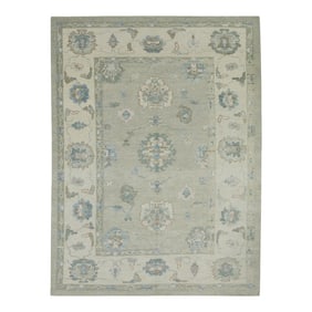 Early 21st Century Green & Blue Floral Design Handwoven Wool Turkish Oushak Rug 4'11" X 6'10"