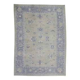Early 21st Century Green & Blue Floral Design Handwoven Wool Turkish Oushak Rug 10' X 13'11"
