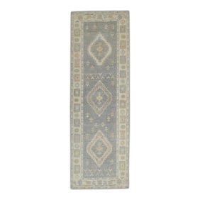 Early 21st Century Gray Multicolor Geometric Design Handwoven Wool Turkish Oushak Rug 3'1" X 9'10"