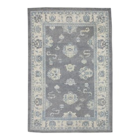Gray Floral Design Handwoven Wool Turkish Oushak Rug 6'3" X 9'