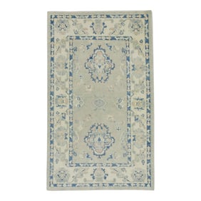 Early 21st Century Soft Green & Blue Floral Design Handwoven Wool Turkish Oushak Rug 3' X 4'10"