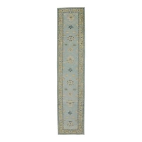 Early 21st Century Blue & Green Floral Design Handwoven Wool Turkish Oushak Runner 3' X 13'10"